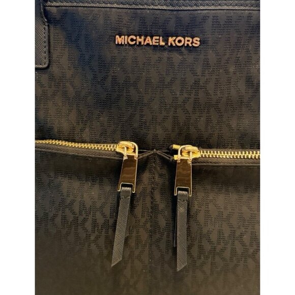Michael Kors Women's Kempton Logo Black Large Nylon Leather Goldtone Trim Tote - Picture 5 of 9